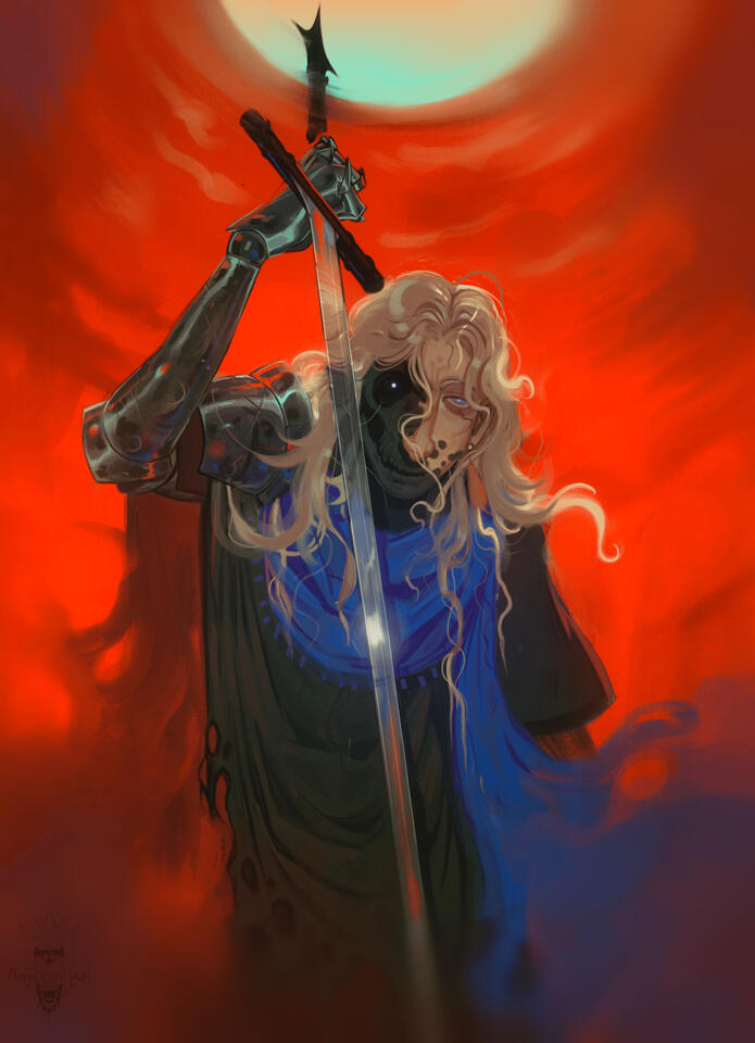 "And the moon watched" Created on Procreate and Photoshop, this piece was a commission for a user who wanted a scene featuring some of their character's lore illustrated, specifically the moment in which the two characters sink under a lake.